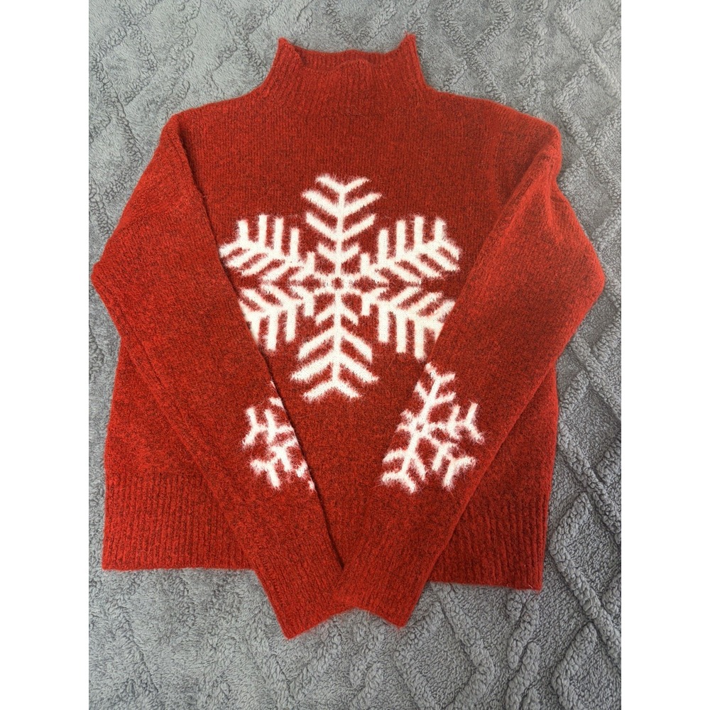 Women's Jessica Simpson Red Snowflake Fuzzy Sweater Mock Neck Size XS